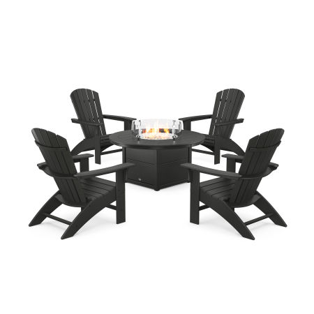 POLYWOOD Yacht Club Adirondack 5-Piece Set with Round Fire Pit Table in Charcoal Black
