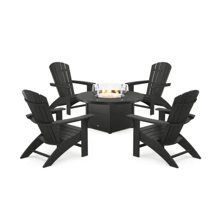 POLYWOOD Yacht Club Adirondack 5-Piece Set with Round Fire Pit Table in Charcoal Black