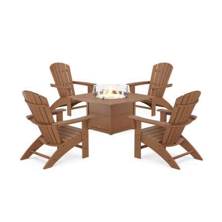POLYWOOD Yacht Club Adirondack 5-Piece Set with Square Fire Pit Table in Tree House