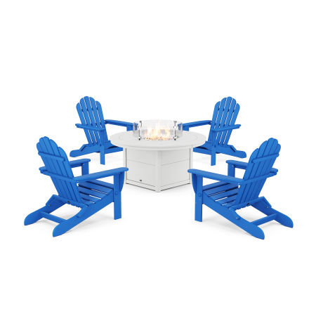 POLYWOOD 5-Piece Monterey Bay Folding Adirondack Conversation Set with Fire Pit Table in Pacific Blue