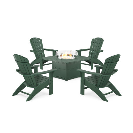 POLYWOOD Yacht Club Adirondack 5-Piece Set with Square Fire Pit Table in Rainforest Canopy