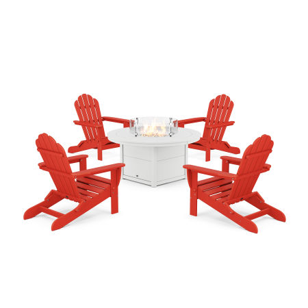 POLYWOOD 5-Piece Monterey Bay Folding Adirondack Conversation Set with Fire Pit Table in Sunset Red