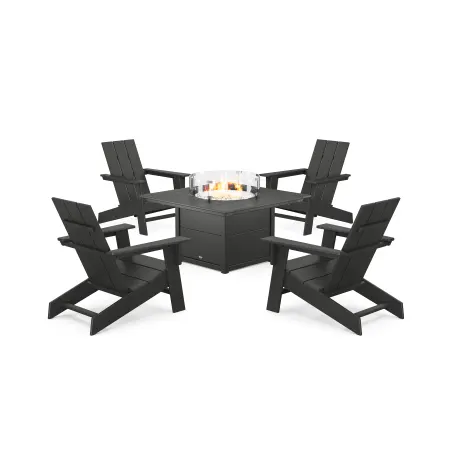 POLYWOOD Eastport Modern Adirondack 5-Piece Set with Square Fire Pit Table in Charcoal Black
