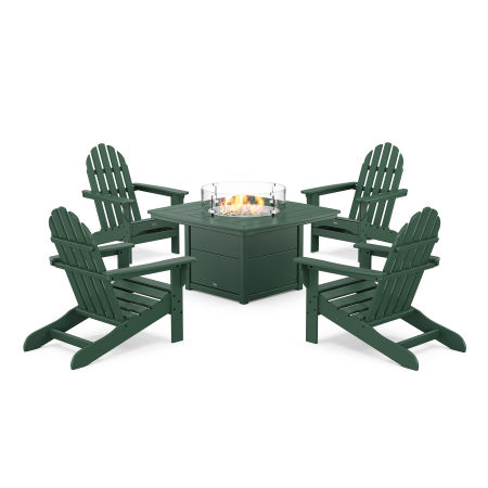 POLYWOOD Cape Cod Adirondack 5-Piece Set with Yacht Club Fire Pit Table in Rainforest Canopy