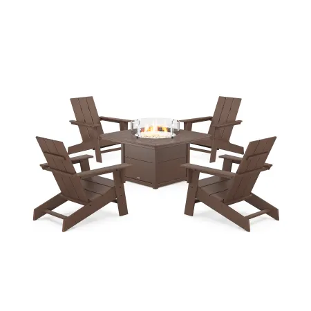 POLYWOOD Eastport Modern Adirondack 5-Piece Set with Yacht Club Fire Pit Table in Vintage Lantern