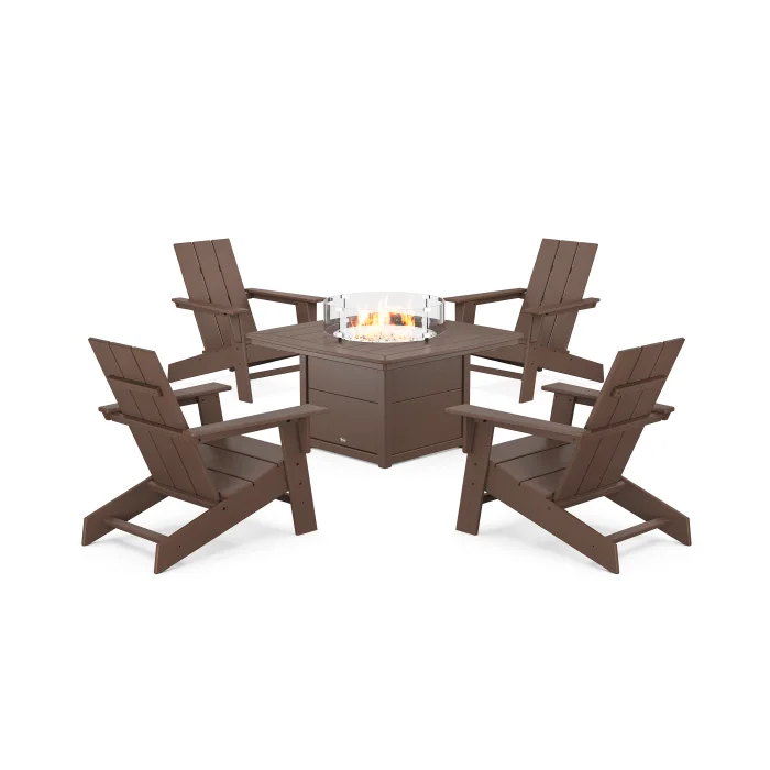 POLYWOOD Eastport Modern Adirondack 5-Piece Set with Yacht Club Fire Pit Table