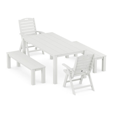 POLYWOOD Yacht Club Highback Chair 5-Piece Parsons Dining Set with Benches in Classic White