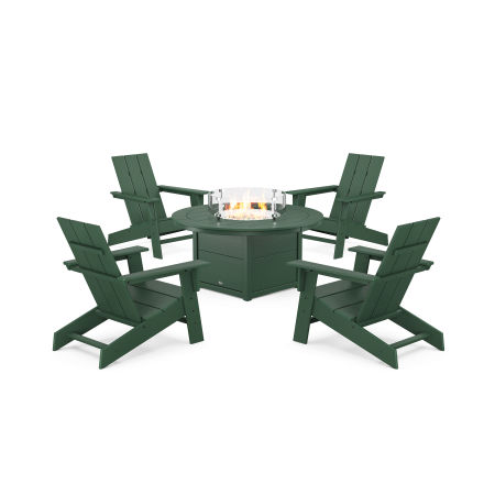 POLYWOOD Eastport Modern Adirondack 5-Piece Set with Round Fire Pit Table in Rainforest Canopy