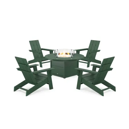POLYWOOD Eastport Modern Adirondack 5-Piece Set with Round Fire Pit Table in Rainforest Canopy