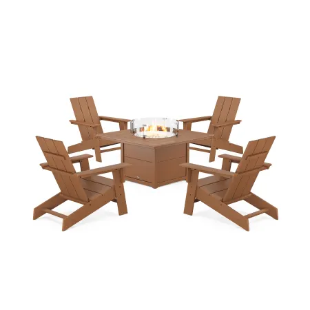 POLYWOOD Eastport Modern Adirondack 5-Piece Set with Square Fire Pit Table in Tree House