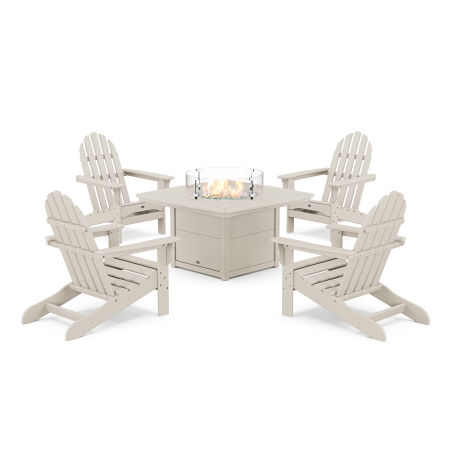 POLYWOOD Cape Cod Adirondack 5-Piece Set with Yacht Club Fire Pit Table in Sand Castle