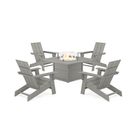 POLYWOOD Eastport Modern Adirondack 5-Piece Set with Square Fire Pit Table in Stepping Stone