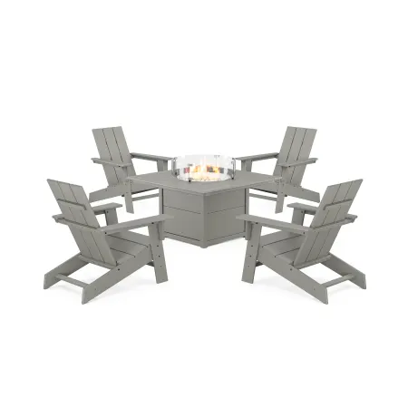 POLYWOOD Eastport Modern Adirondack 5-Piece Set with Square Fire Pit Table in Stepping Stone