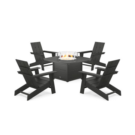 POLYWOOD Eastport Modern Adirondack 5-Piece Set with Yacht Club Fire Pit Table in Charcoal Black