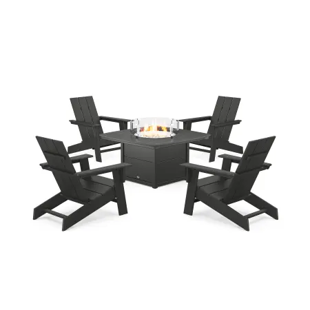 POLYWOOD Eastport Modern Adirondack 5-Piece Set with Yacht Club Fire Pit Table in Charcoal Black