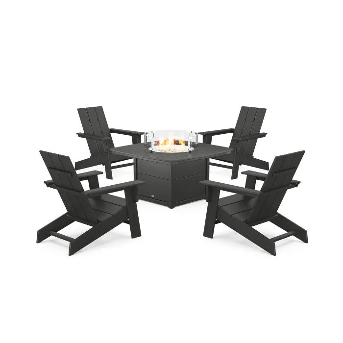 POLYWOOD Eastport Modern Adirondack 5-Piece Set with Yacht Club Fire Pit Table