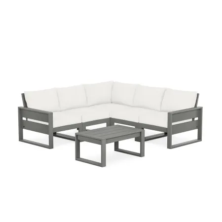 POLYWOOD Eastport 6 piece Deep Seating Sectional + Coffee Table Set in Stepping Stone / Natural Linen