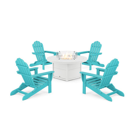 POLYWOOD 5-Piece Monterey Bay Folding Adirondack Conversation Set with Fire Pit Table in Aruba