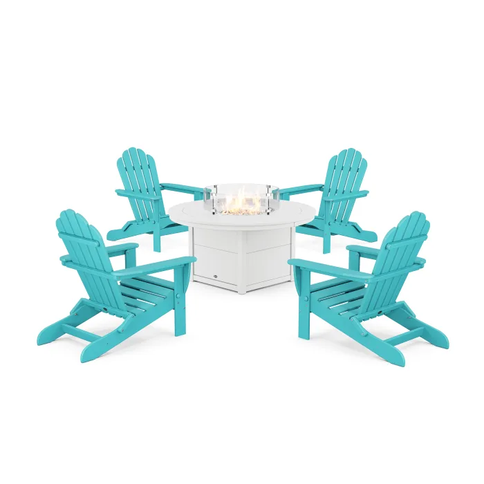 POLYWOOD 5-Piece Monterey Bay Folding Adirondack Conversation Set with Fire Pit Table