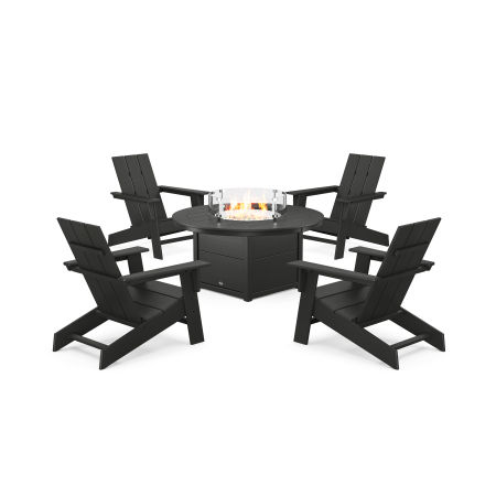 POLYWOOD Eastport Modern Adirondack 5-Piece Set with Round Fire Pit Table in Charcoal Black