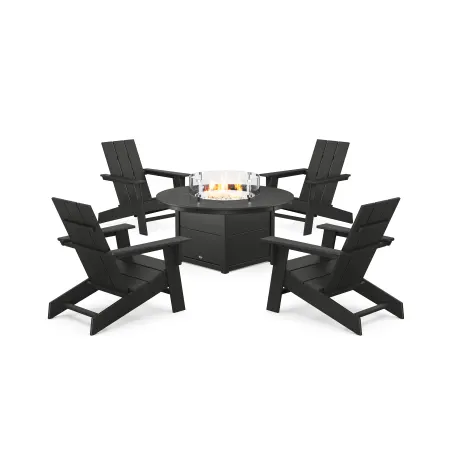 POLYWOOD Eastport Modern Adirondack 5-Piece Set with Round Fire Pit Table in Charcoal Black