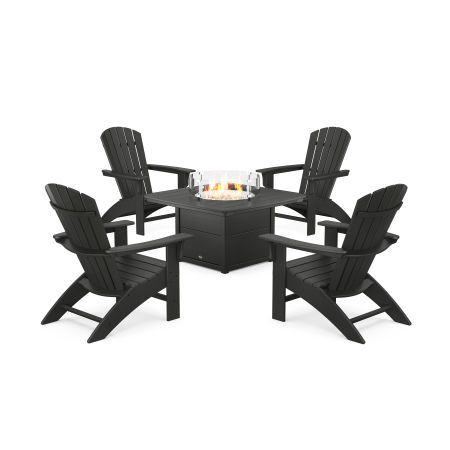POLYWOOD Yacht Club Adirondack 5-Piece Set with Fire Pit Table in Charcoal Black