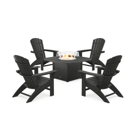POLYWOOD Yacht Club Adirondack 5-Piece Set with Fire Pit Table in Charcoal Black