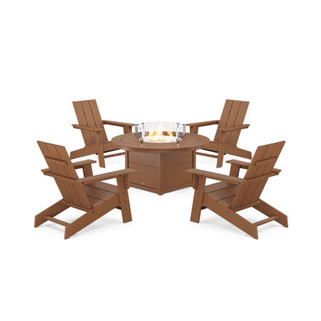POLYWOOD Eastport Modern Adirondack 5-Piece Set with Round Fire Pit Table in Tree House