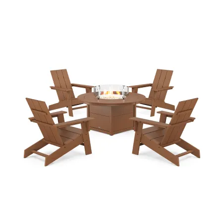 POLYWOOD Eastport Modern Adirondack 5-Piece Set with Round Fire Pit Table in Tree House