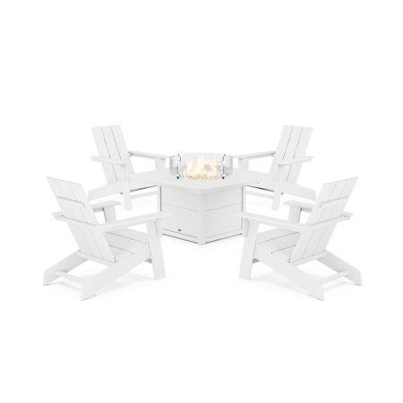POLYWOOD Eastport Modern Adirondack 5-Piece Set with Yacht Club Fire Pit Table in Classic White