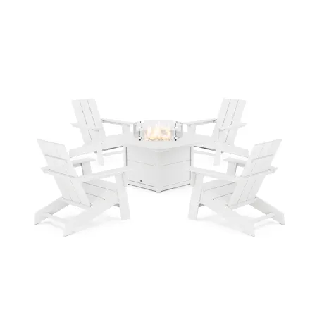 POLYWOOD Eastport Modern Adirondack 5-Piece Set with Yacht Club Fire Pit Table in Classic White