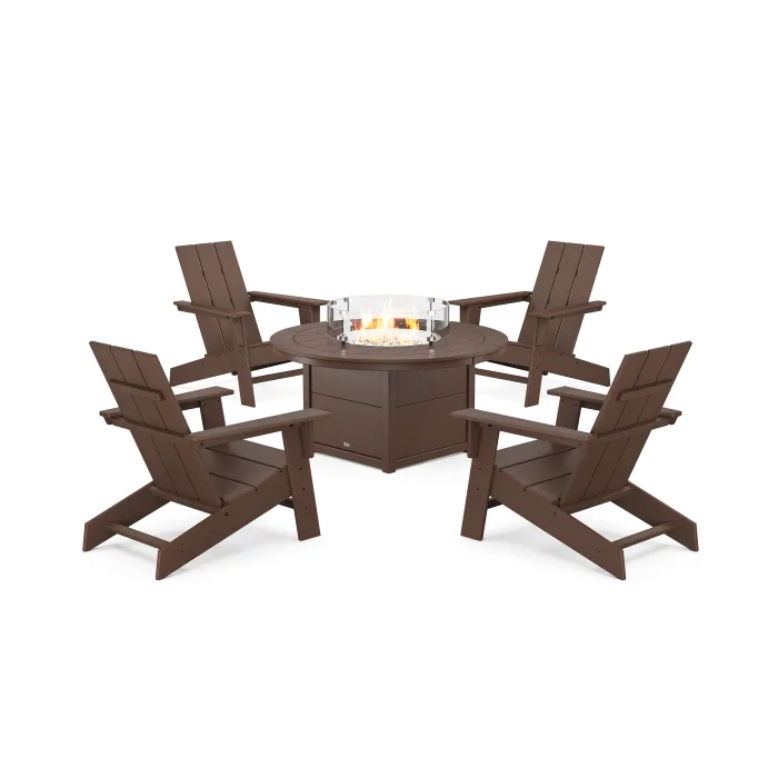 POLYWOOD Eastport Modern Adirondack 5-Piece Set with Round Fire Pit Table