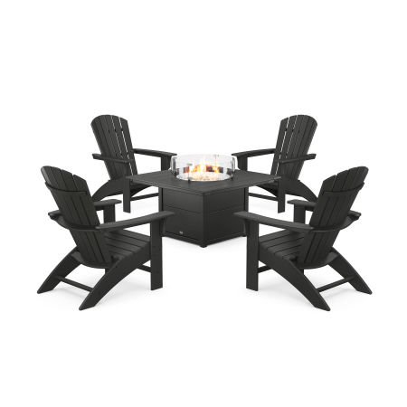 POLYWOOD Yacht Club Adirondack 5-Piece Set with Square Fire Pit Table in Charcoal Black