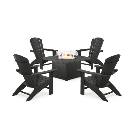 POLYWOOD Yacht Club Adirondack 5-Piece Set with Square Fire Pit Table in Charcoal Black