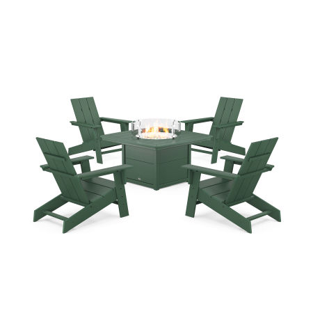 POLYWOOD Eastport Modern Adirondack 5-Piece Set with Yacht Club Fire Pit Table in Rainforest Canopy