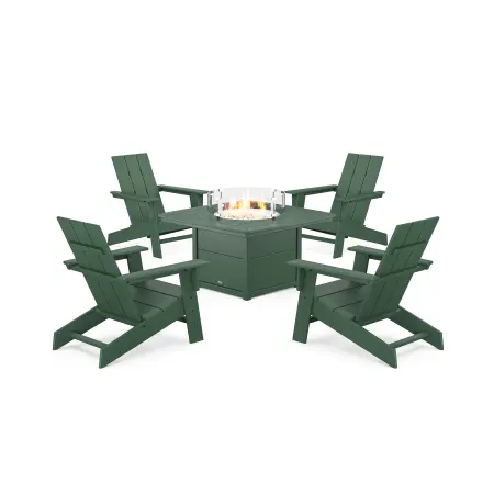 POLYWOOD Eastport Modern Adirondack 5-Piece Set with Yacht Club Fire Pit Table in Rainforest Canopy