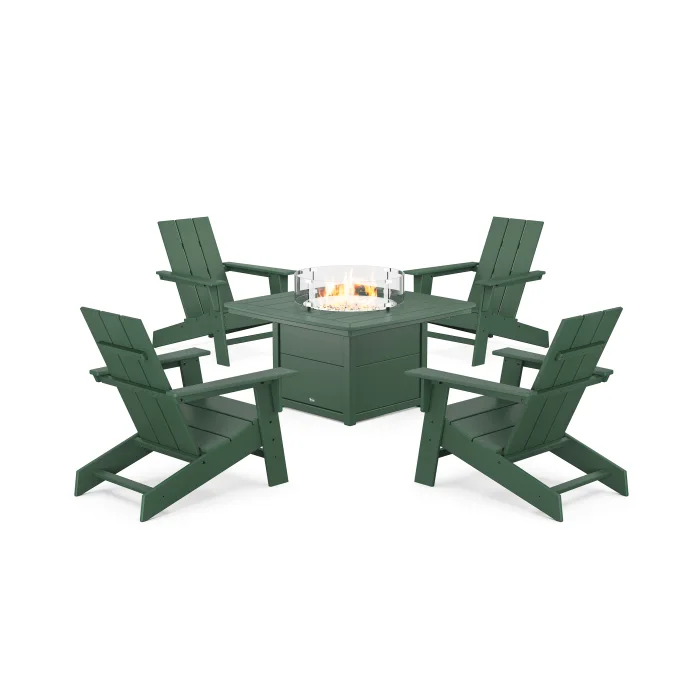 POLYWOOD Eastport Modern Adirondack 5-Piece Set with Yacht Club Fire Pit Table