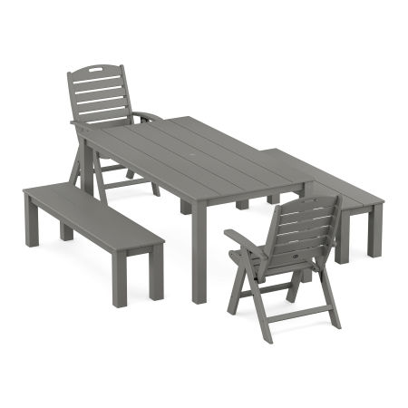 POLYWOOD Yacht Club Highback Chair 5-Piece Parsons Dining Set with Benches in Stepping Stone