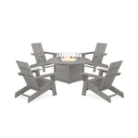 POLYWOOD Eastport Modern Adirondack 5-Piece Set with Round Fire Pit Table in Stepping Stone