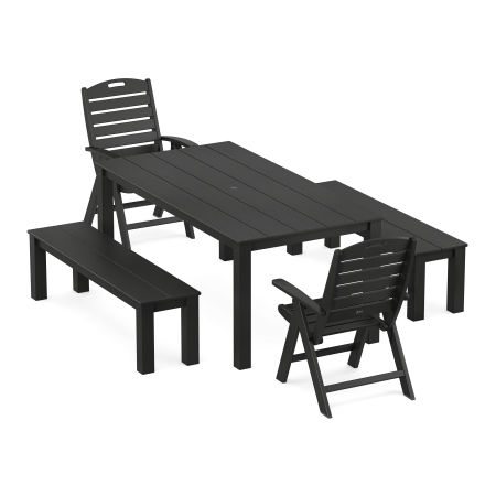 POLYWOOD Yacht Club Highback Chair 5-Piece Parsons Dining Set with Benches in Charcoal Black