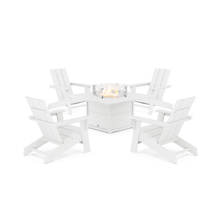 POLYWOOD Eastport Modern Adirondack 5-Piece Set with Square Fire Pit Table in Classic White