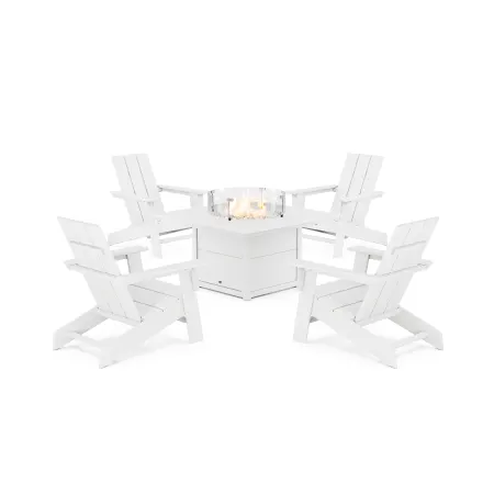POLYWOOD Eastport Modern Adirondack 5-Piece Set with Square Fire Pit Table in Classic White