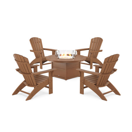 POLYWOOD Yacht Club Adirondack 5-Piece Set with Round Fire Pit Table in Tree House