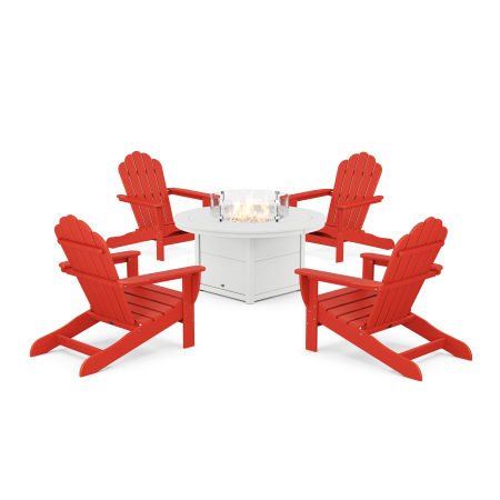 POLYWOOD 5-Piece Monterey Bay Oversized Adirondack Conversation Set with Fire Pit Table in Sunset Red