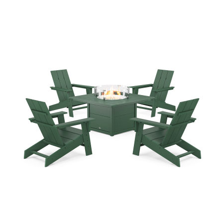 POLYWOOD Eastport Modern Adirondack 5-Piece Set with Square Fire Pit Table in Rainforest Canopy