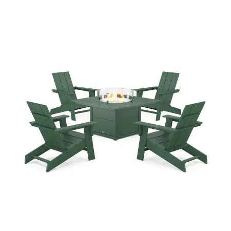 POLYWOOD Eastport Modern Adirondack 5-Piece Set with Square Fire Pit Table in Rainforest Canopy