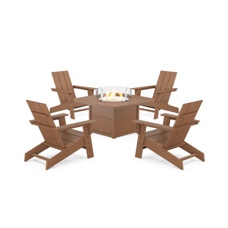 POLYWOOD Eastport Modern Adirondack 5-Piece Set with Yacht Club Fire Pit Table in Tree House