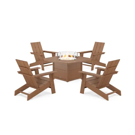 POLYWOOD Eastport Modern Adirondack 5-Piece Set with Yacht Club Fire Pit Table in Tree House