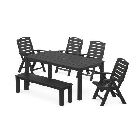 POLYWOOD Yacht Club Highback Chair 6-Piece Parsons Dining Set with Bench in Charcoal Black