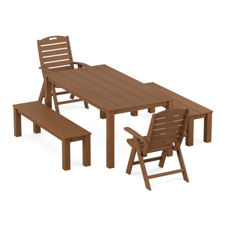 POLYWOOD Yacht Club Highback Chair 5-Piece Parsons Dining Set with Benches in Tree House